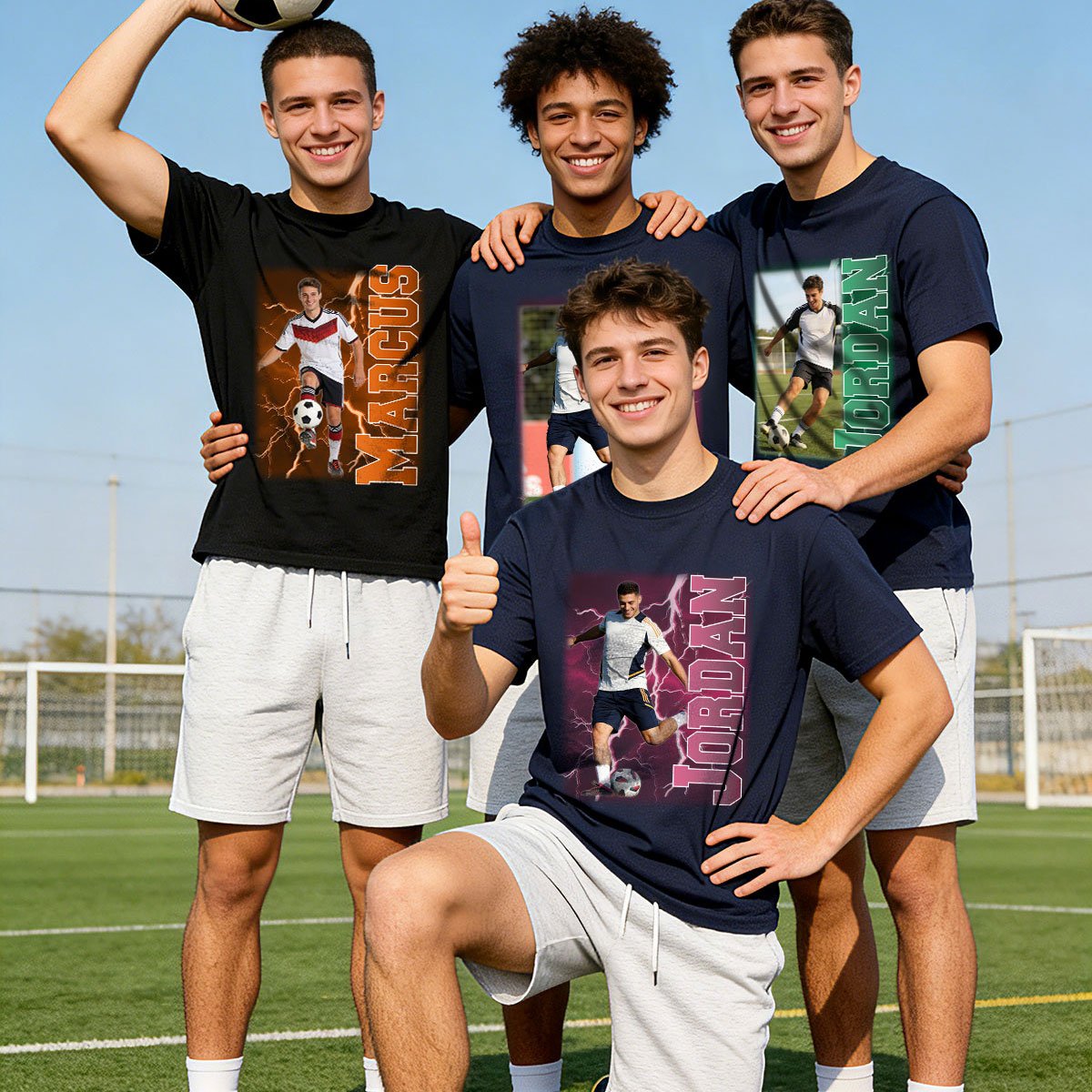 Four young men on a soccer field wearing custom soccer cup photo t-shirts with player images and text.