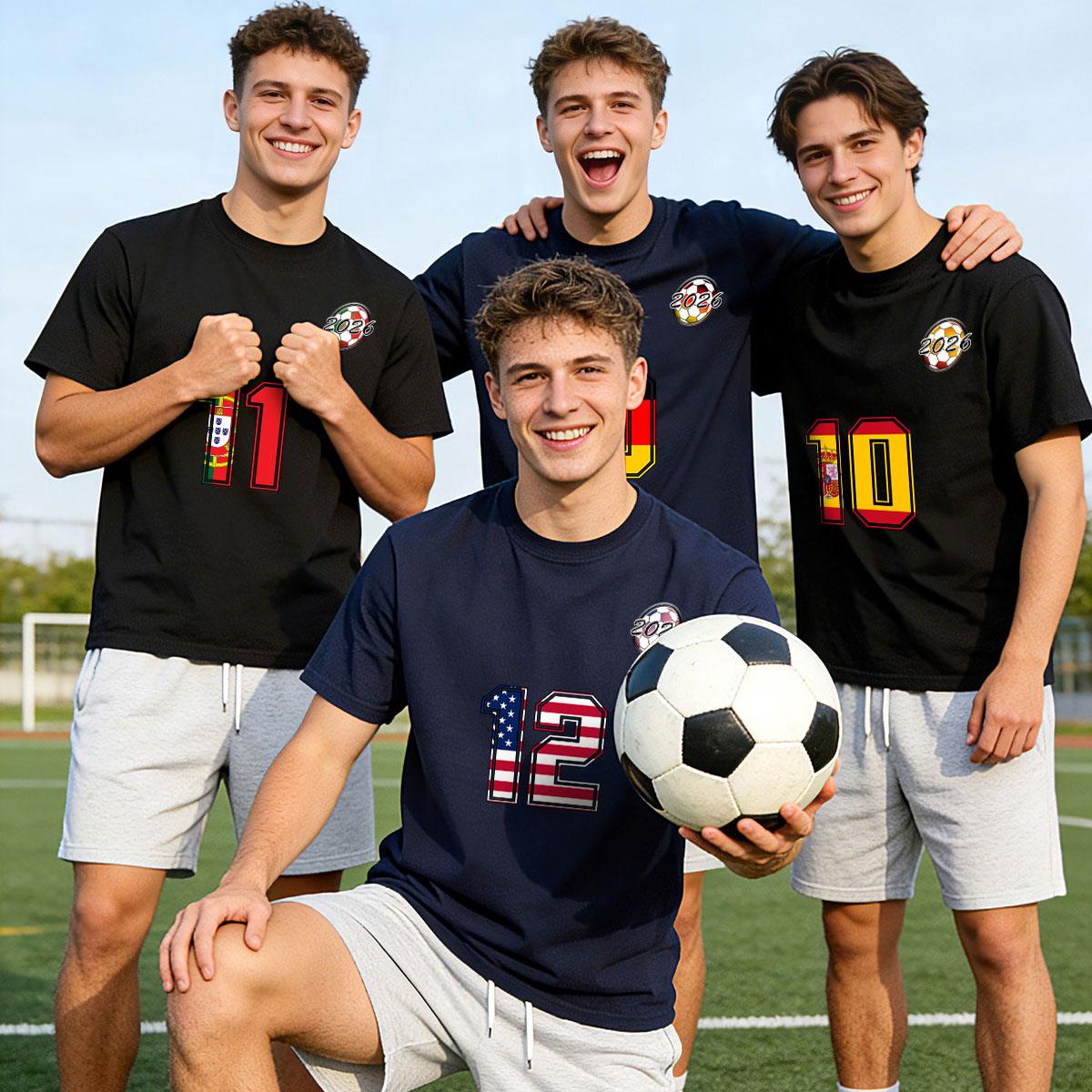 Four young men wearing Personalized National Flag Jersey Number Soccer T-Shirt on a soccer field, posing with a soccer ball.