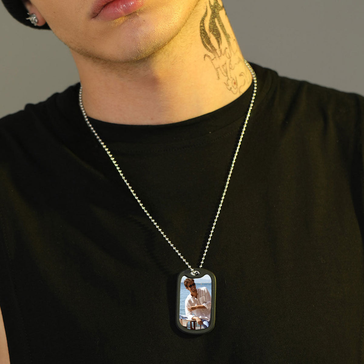 Custom Photo Dog Tag Necklace and Leather Bracelet Set