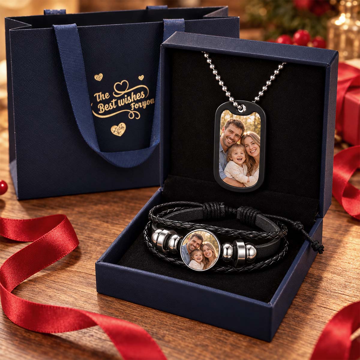 Custom Photo Dog Tag Necklace and Leather Bracelet Set