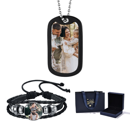 Custom Photo Dog Tag Necklace and Leather Bracelet Set