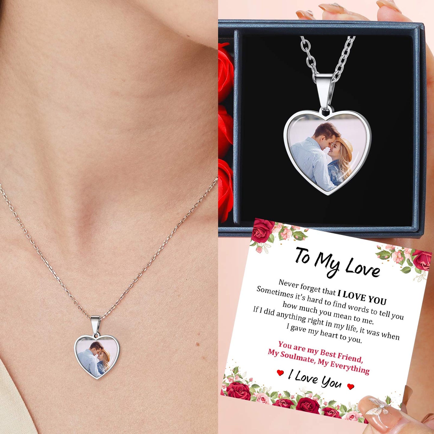 Personalized Heart Picture Necklaces Engraved Photo Necklace-devText