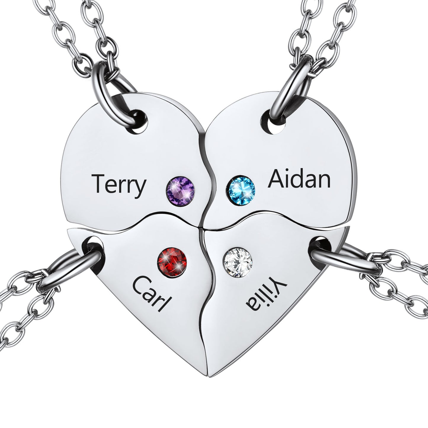 Custom Birthstone Heart Matching Necklaces 4 pieces silver