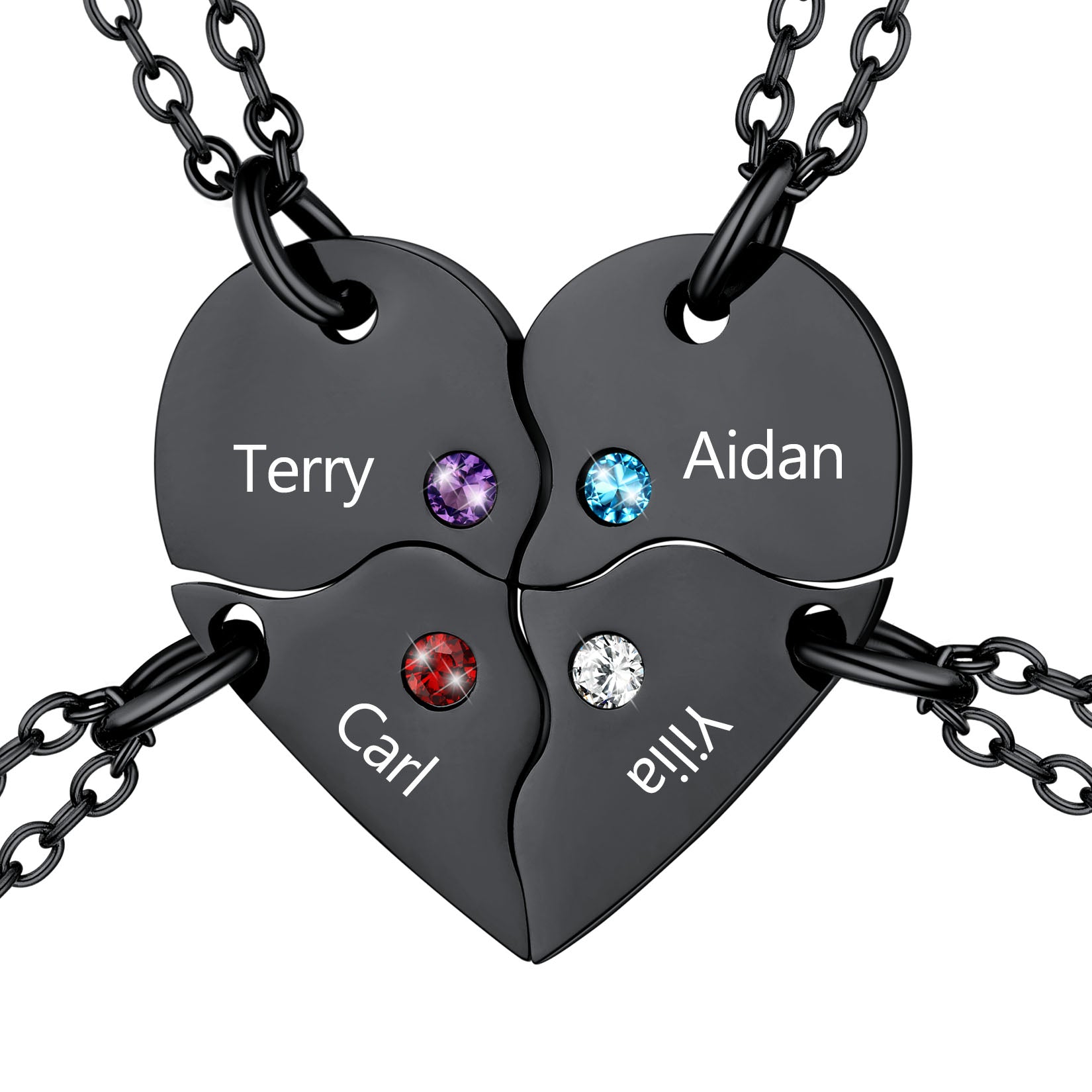 Custom Birthstone Heart Matching Necklaces 4pieces