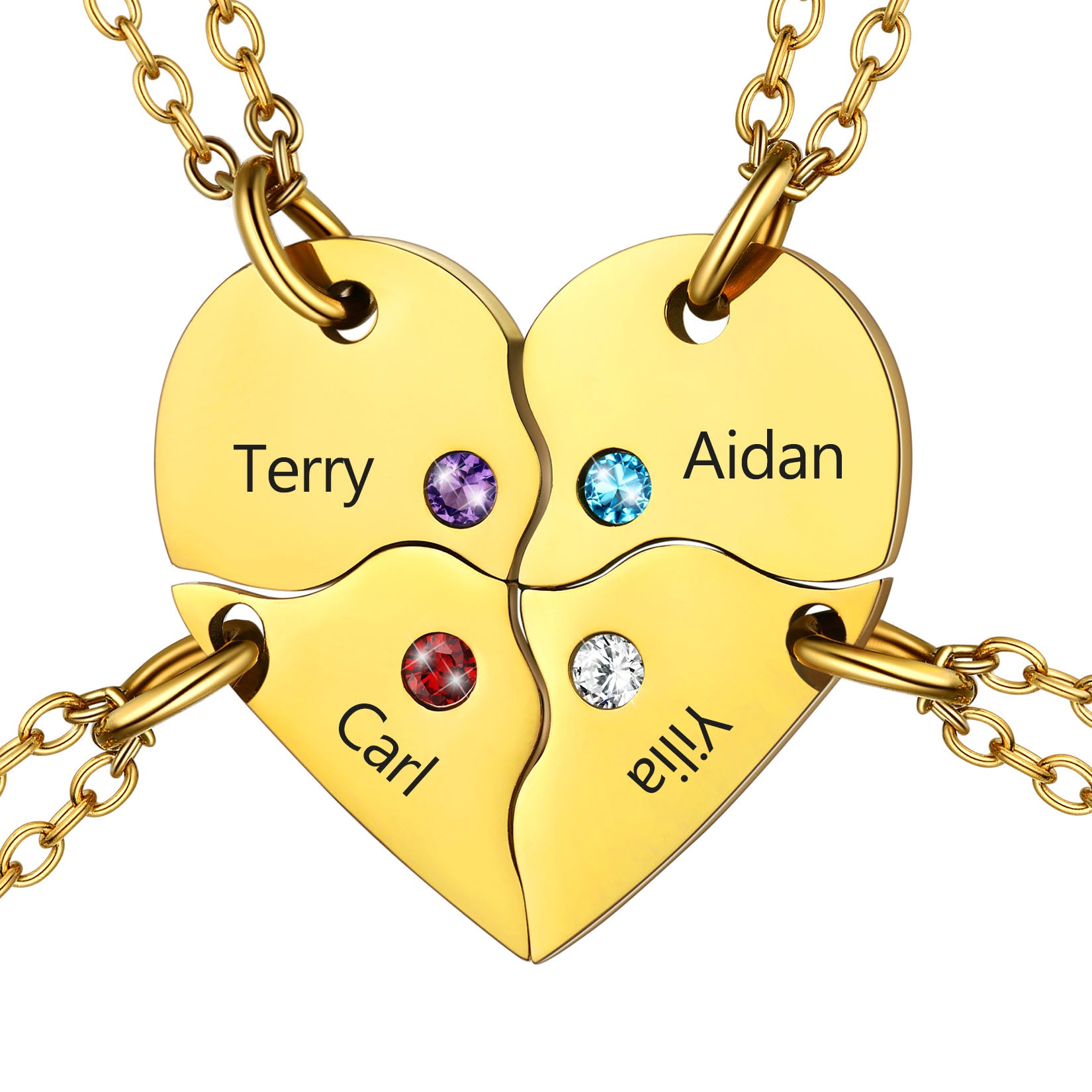 Custom Birthstone Heart Matching Necklaces 4 pieces gold