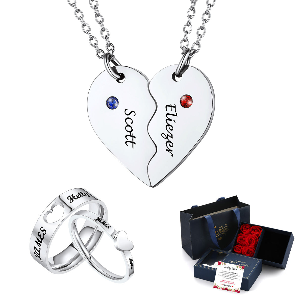 Personalized Matching Heart Necklace and Ring Set for Couples