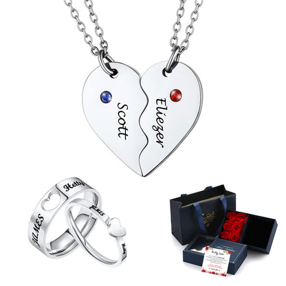 Personalized Matching Heart Necklace and Ring Set for Couples