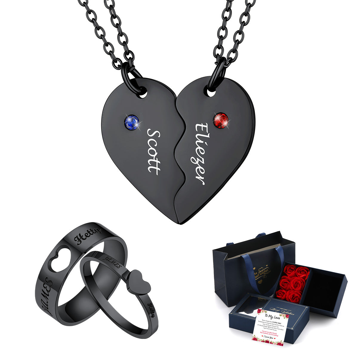Personalized Matching Heart Necklace and Ring Set for Couples