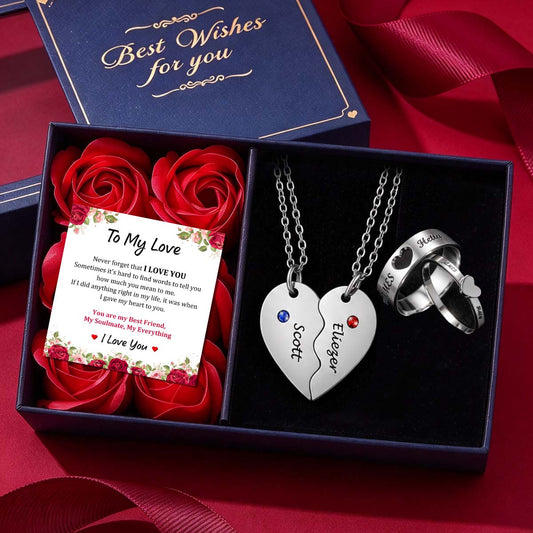 Personalized Matching Heart Necklace and Ring Set for Couples
