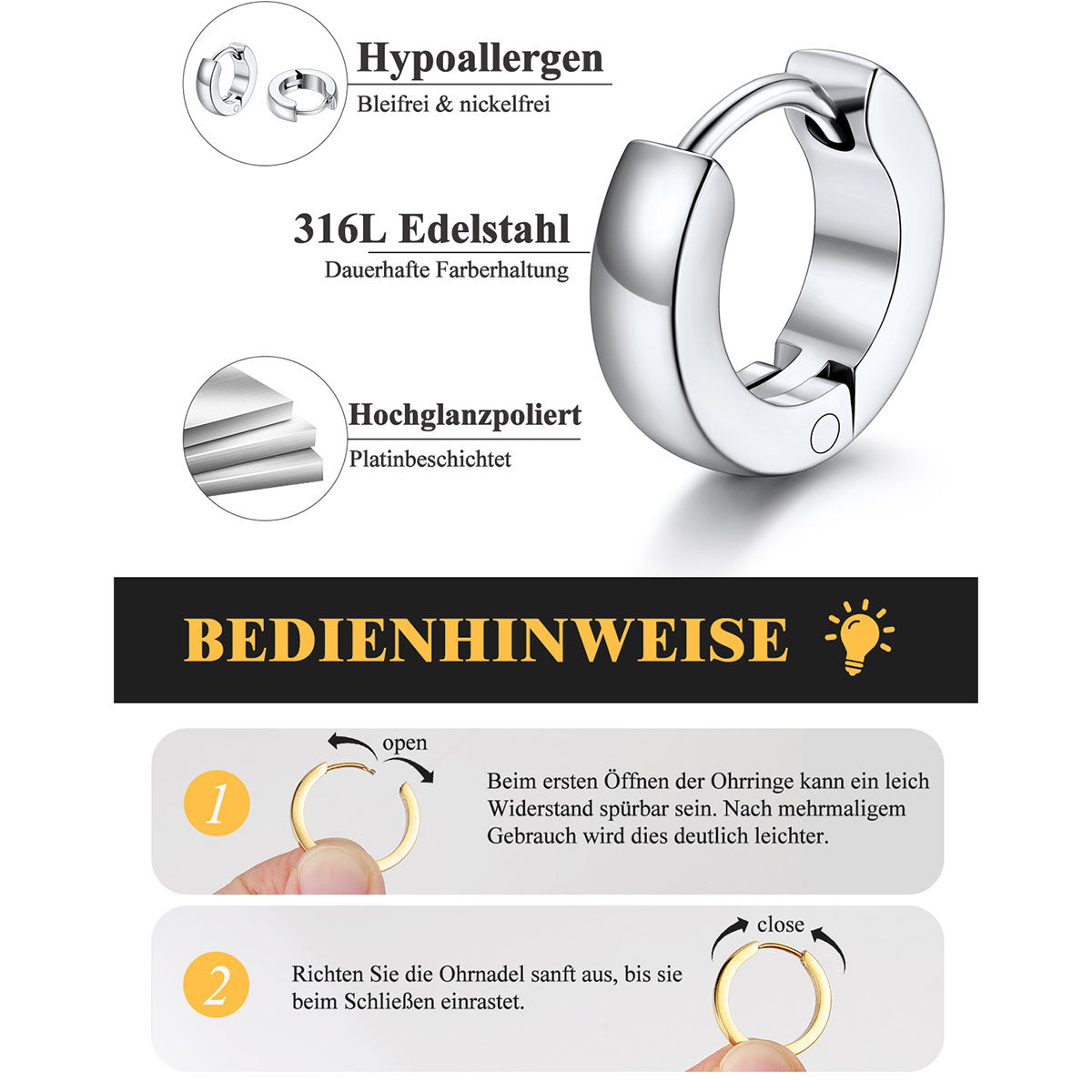 German product information graphic for a silver huggie hoop earring. The top section shows the silver earring with inset circles highlighting the hypoallergenic nickel-free construction and highly polished platinum coating.