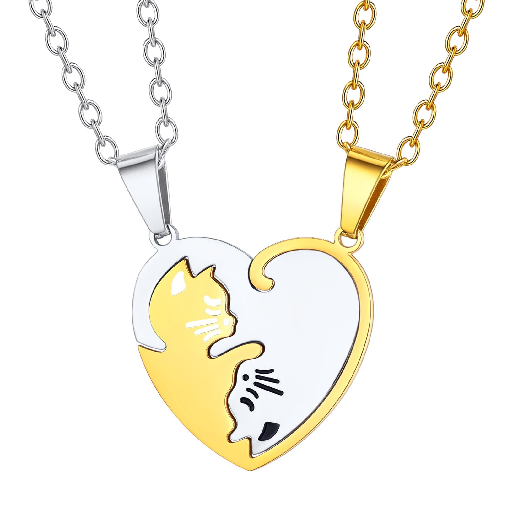 Gold Custom Cat Heart Matching Necklace For Couple