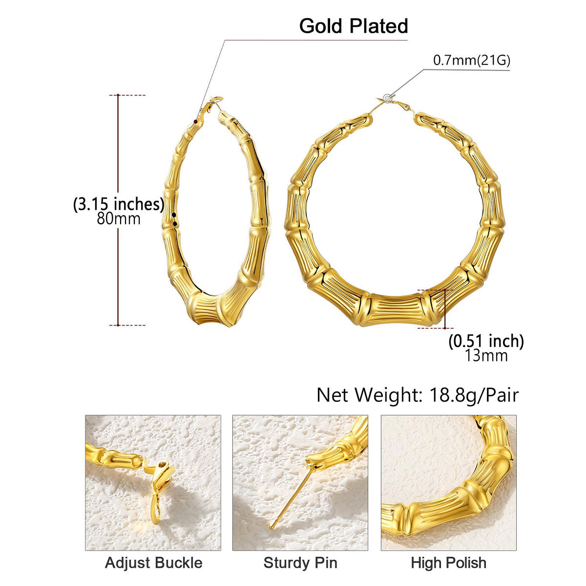 Gold-plated bamboo hoop earrings with measurements and features on a white background