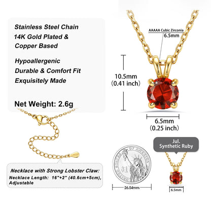 Gold-plated birthstone necklace, shown with product specifications, dimensions, lobster clasp length, and a comparison coin on a white background.