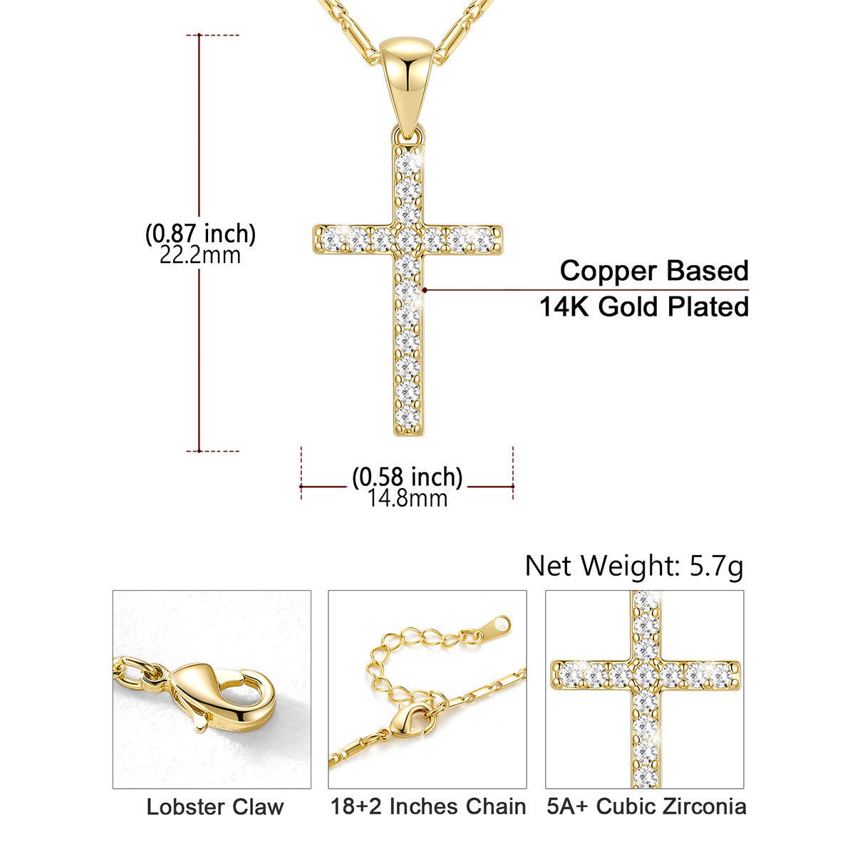 Gold-plated cross pendant necklace with cubic zirconia stones, shown with dimensions, weight, and detail inset images on a white background.
