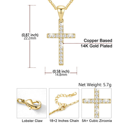 Gold-plated cross pendant necklace with cubic zirconia stones, shown with dimensions, weight, and detail inset images on a white background.