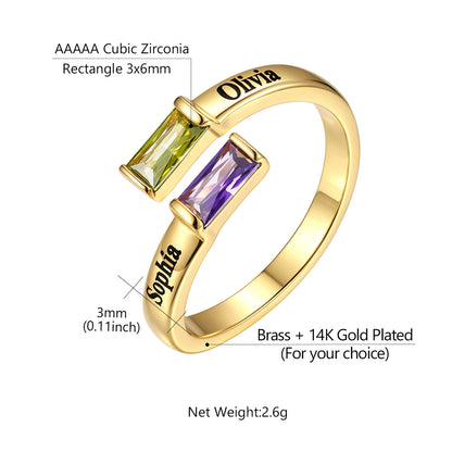 Gold-plated custom name ring with two rectangular gemstones, one green and one purple, labeled with names 'Sophia' and 'Olivia' and annotated with dimensions and material details on a white background.