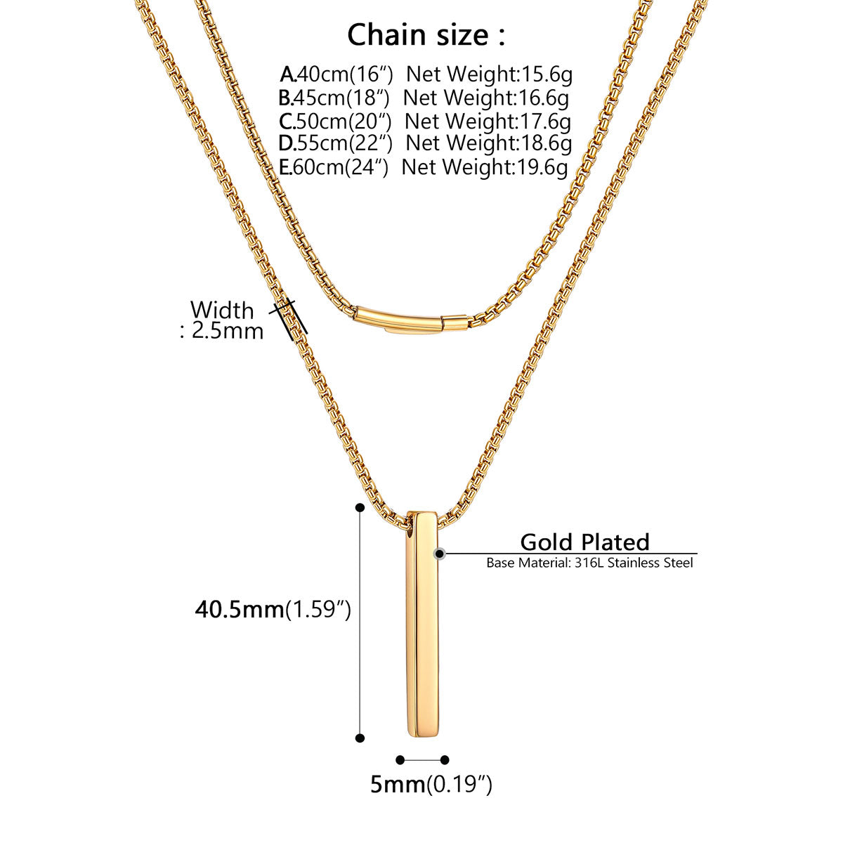 Gold-plated double-layer bar necklace with a vertical bar pendant on a chain, shown with dimension labels and text specifying chain sizes, width, and material details on a white background.