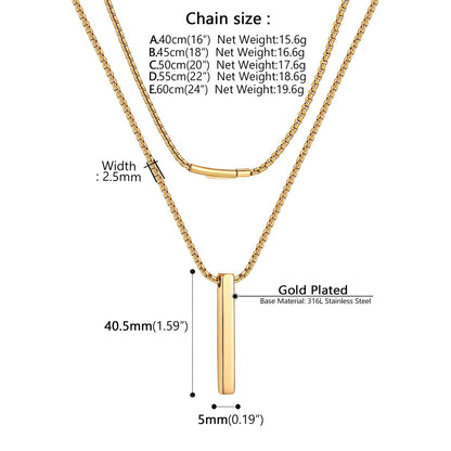 Gold-plated double-layer bar necklace with a vertical bar pendant on a chain, shown with dimension labels and text specifying chain sizes, width, and material details on a white background.