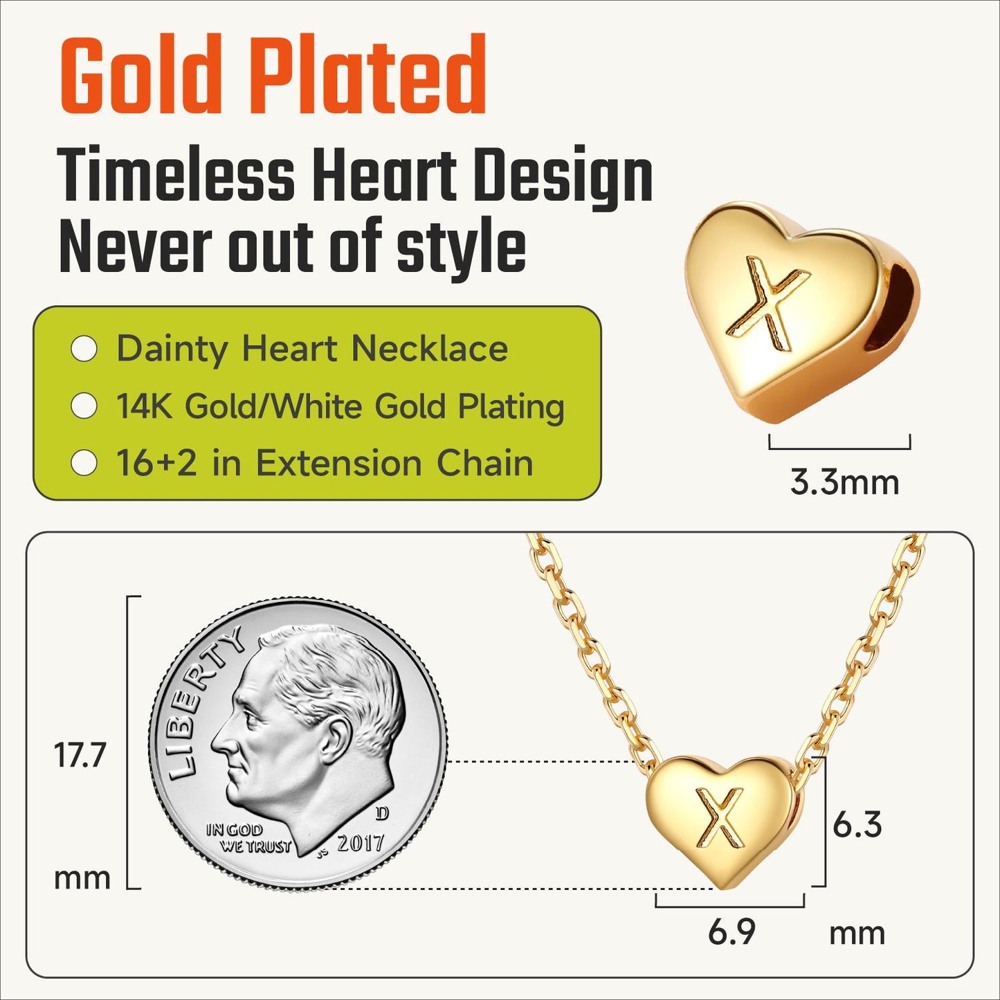 Gold-plated heart-shaped initial necklace with 'X' design, size comparison to a quarter coin, and product details on a white background.