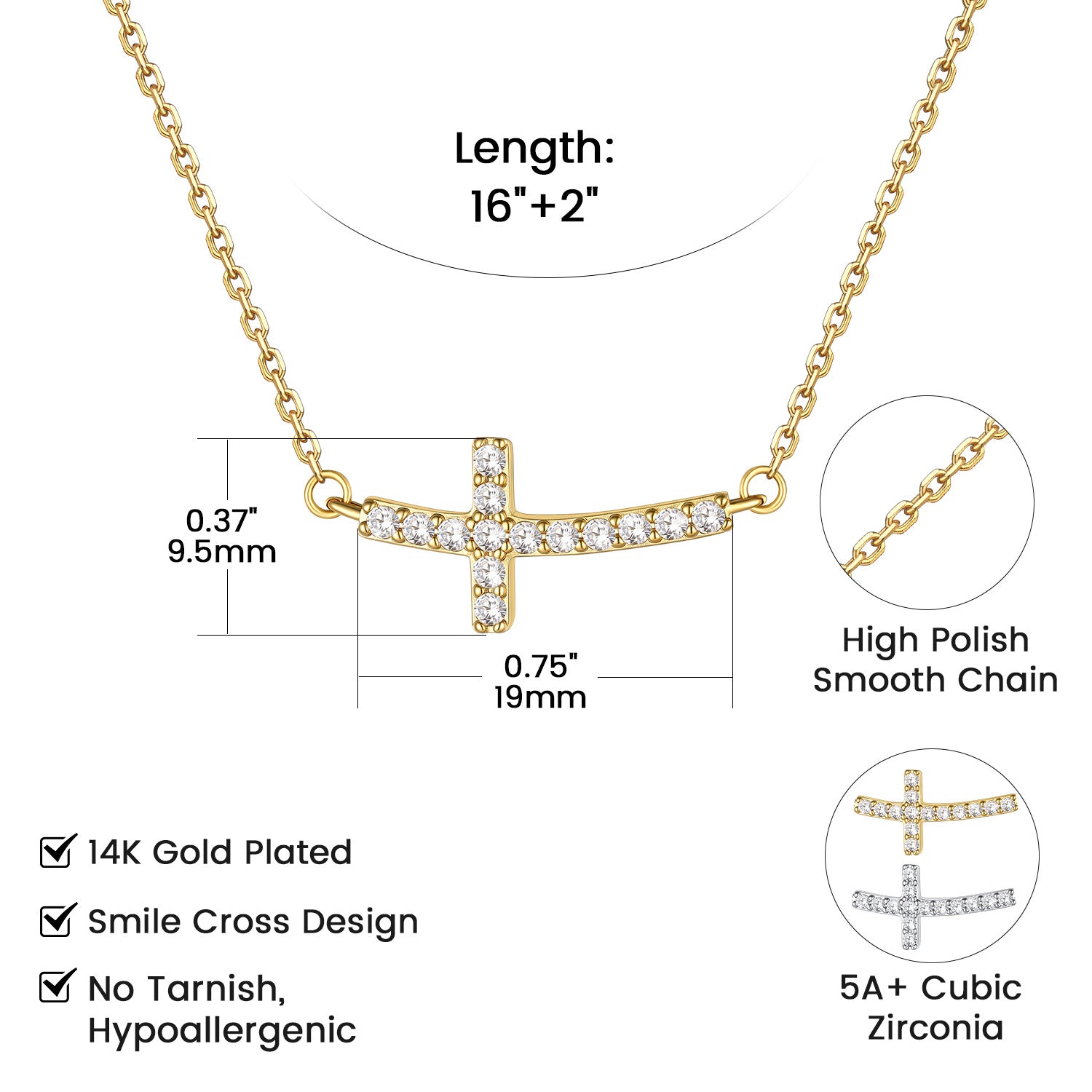 Gold-plated smile cz cross pendant necklace with cubic zirconia stones, shown with chain length measurements, close-up inset of the high-polish chain, and feature checkmarks on a white background.