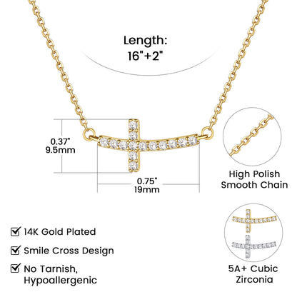 Gold-plated smile cz cross pendant necklace with cubic zirconia stones, shown with chain length measurements, close-up inset of the high-polish chain, and feature checkmarks on a white background.