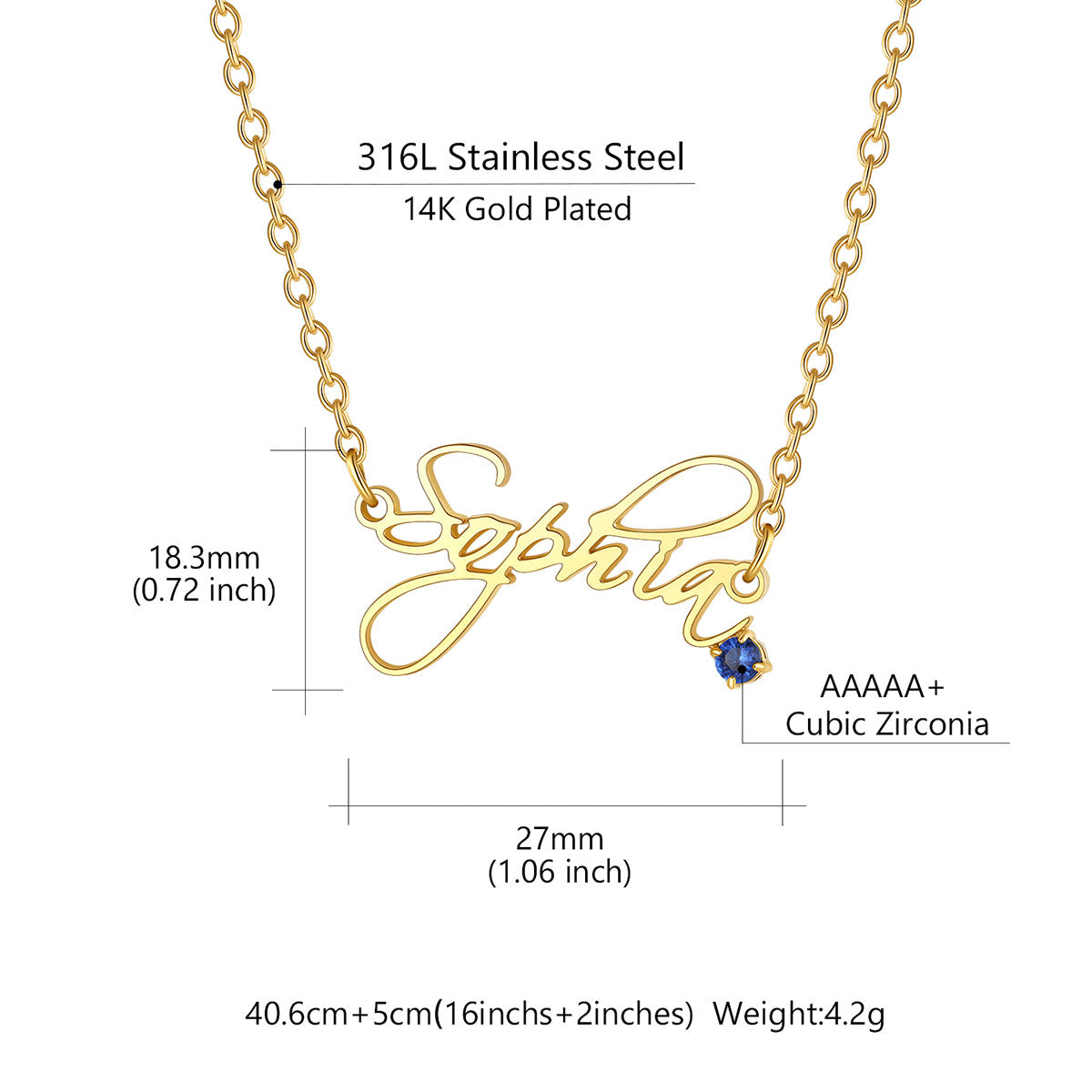 Gold-plated stainless steel name necklace with a cursive 'Sophia' pendant and a small blue cubic zirconia stone, shown with dimension measurements and material labels on a white background.