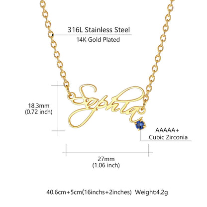 Gold-plated stainless steel name necklace with a cursive 'Sophia' pendant and a small blue cubic zirconia stone, shown with dimension measurements and material labels on a white background.