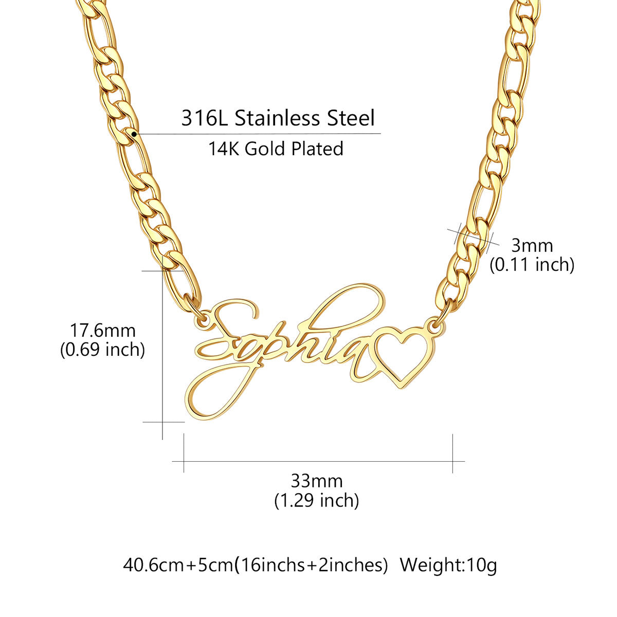 Gold-plated stainless steel name necklace with a script 'Sophia' and heart pendant, shown with dimension measurements and text noting 316L stainless steel and 14K gold plated.
