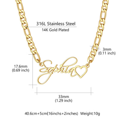 Gold-plated stainless steel name necklace with a script 'Sophia' and heart pendant, shown with dimension measurements and text noting 316L stainless steel and 14K gold plated.
