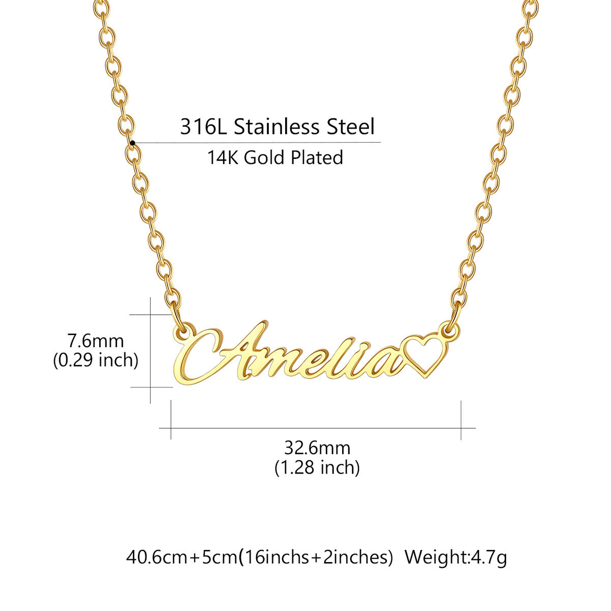 Gold-plated stainless steel name necklace with the name 'Amelia' and a heart, shown with dimension measurements and text detailing its material and weight on a white background.