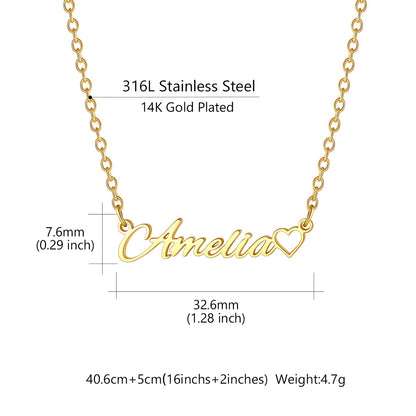 Gold-plated stainless steel name necklace with the name 'Amelia' and a heart, shown with dimension measurements and text detailing its material and weight on a white background.