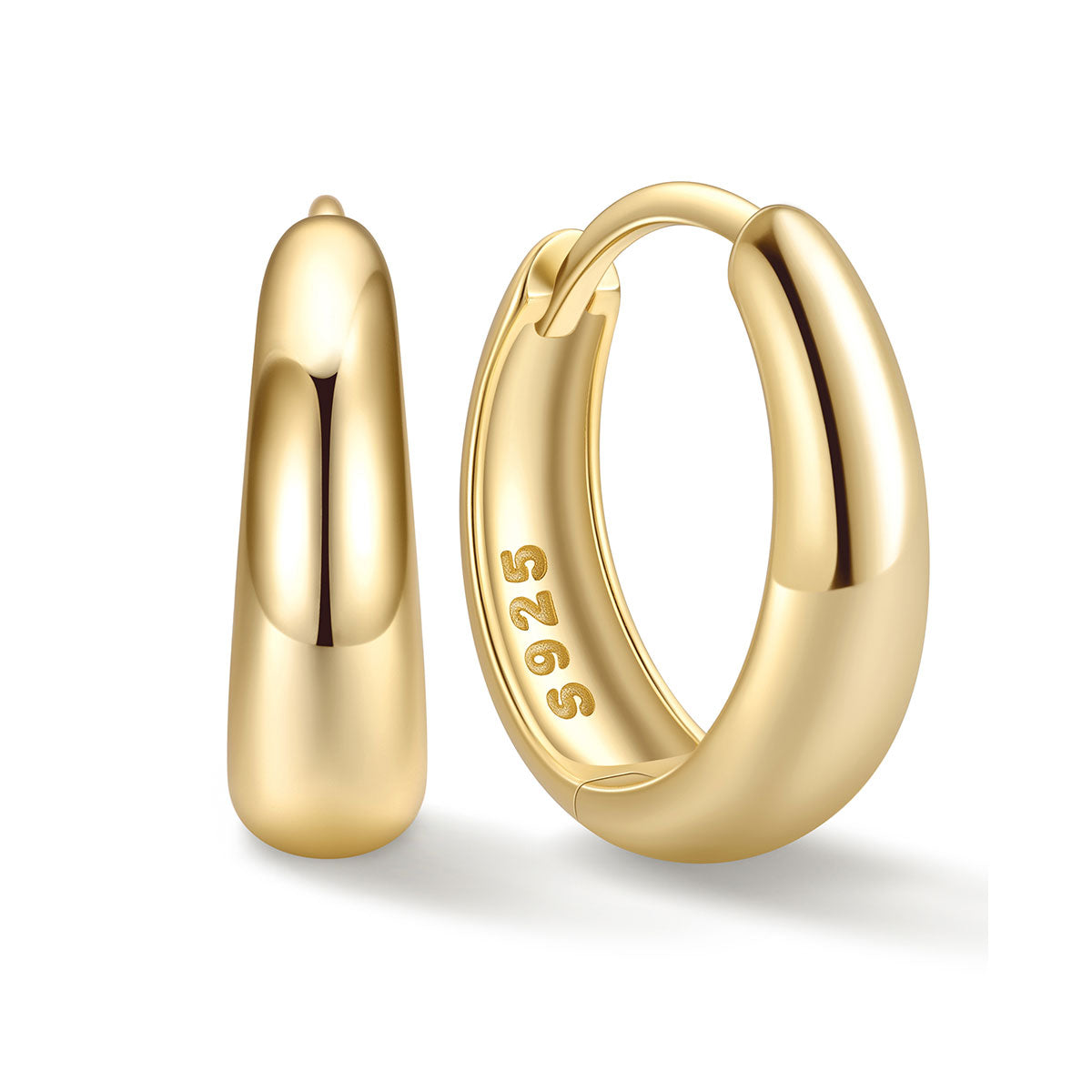 Gold 12mm Chunky huggie earrings on a white background