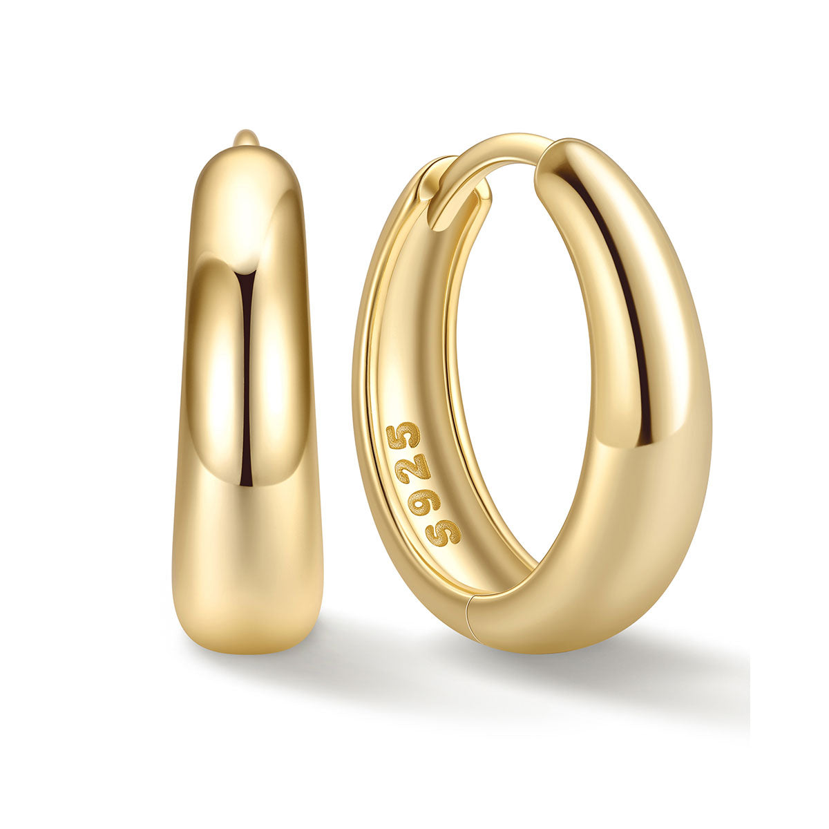 Gold 14mm Chunky huggie earrings on a white background