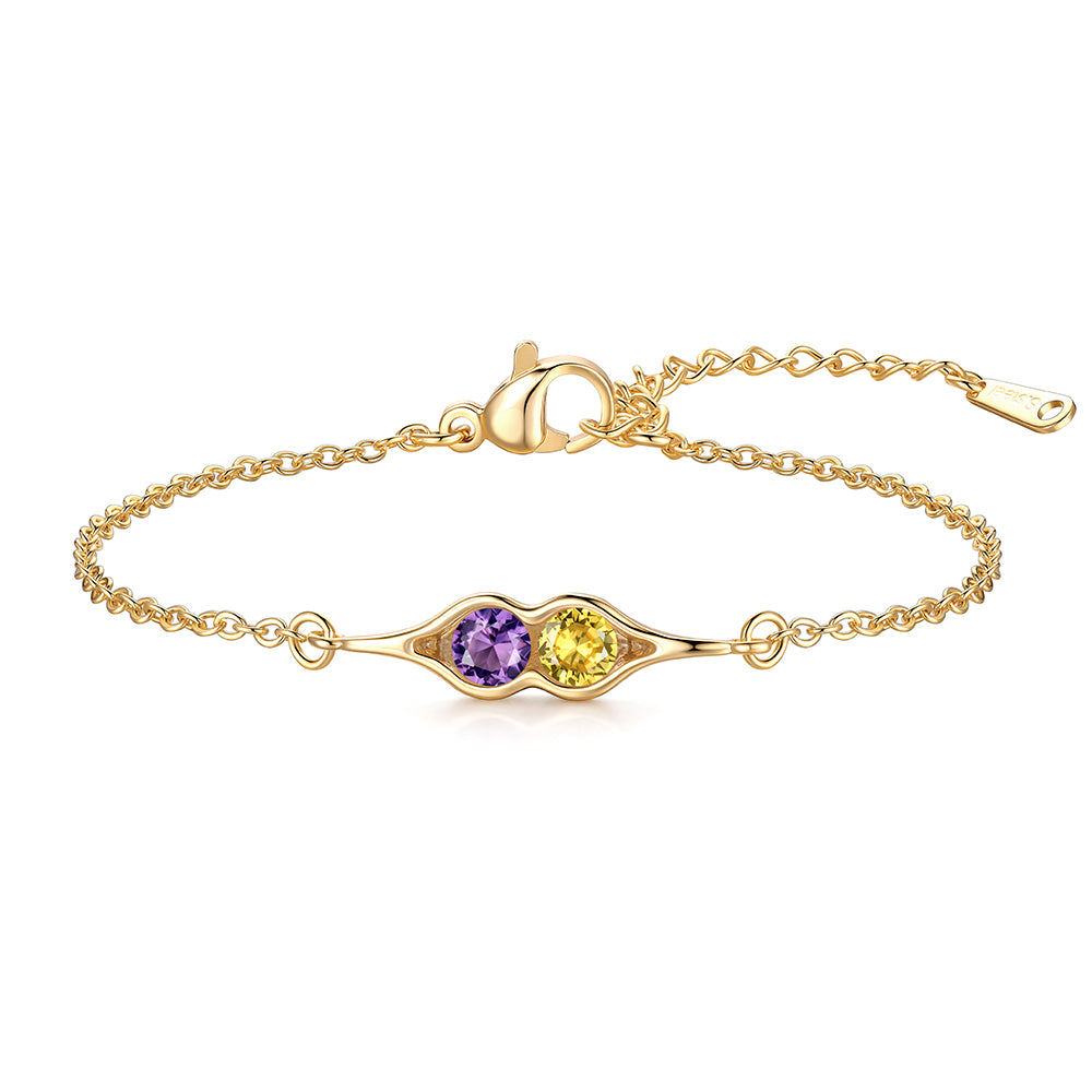 Gold 2 birthstones pea in pot bracelet with two gemstones on a white background