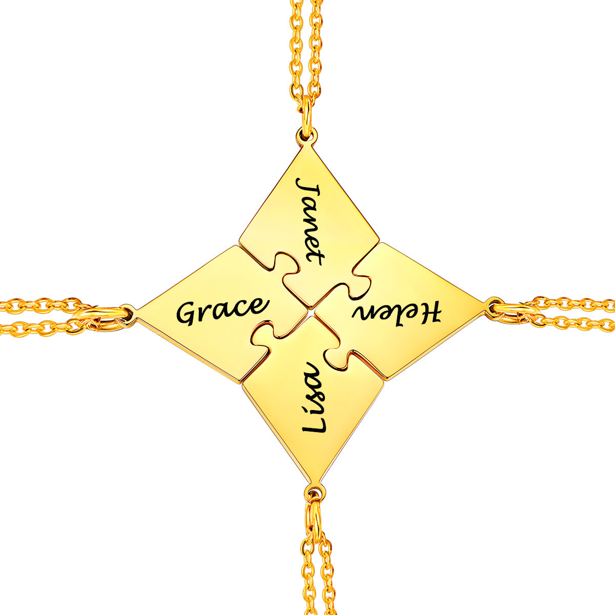 Gold 4PCS puzzle necklace with interlocking puzzle pieces engraved with names on a white background