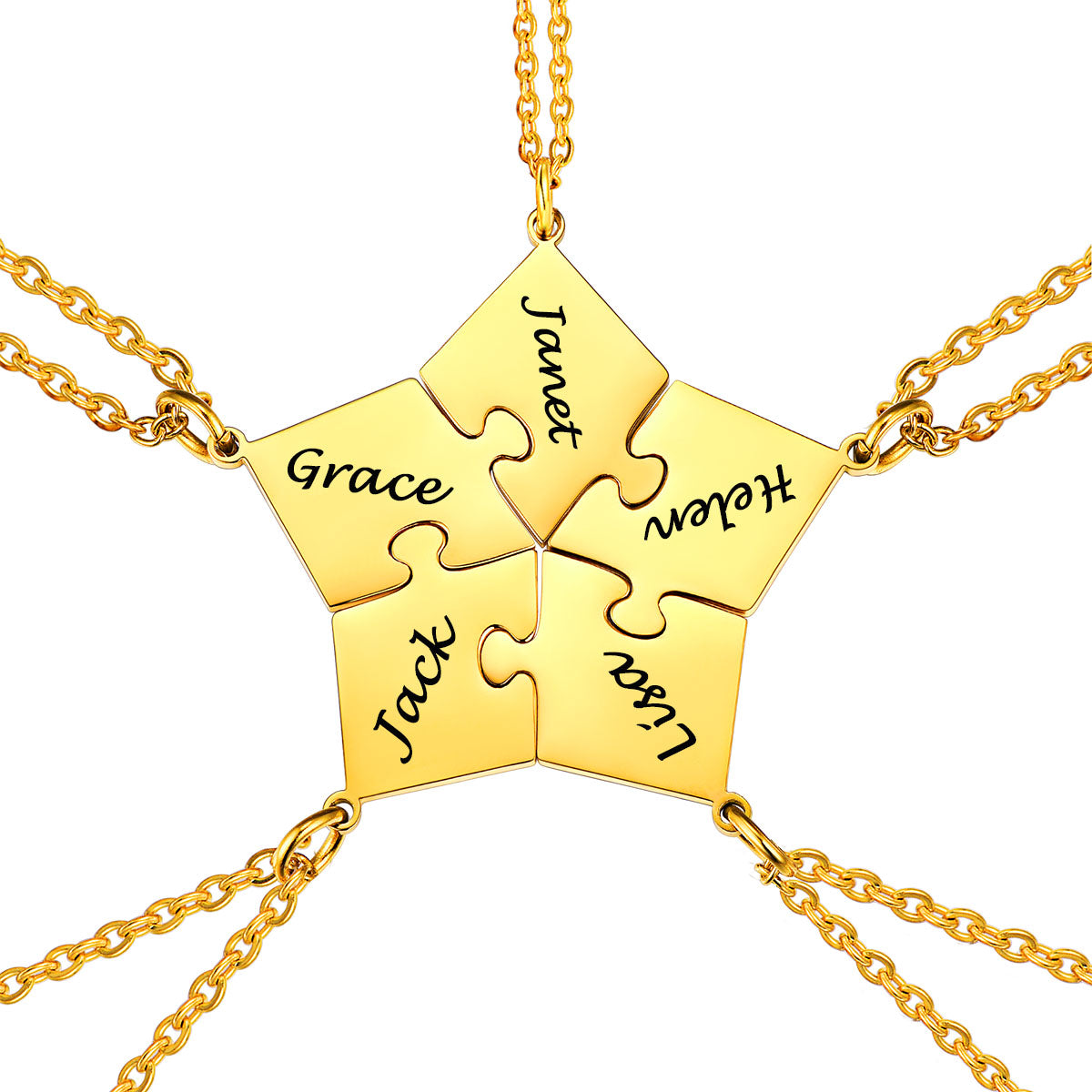 Gold 5PCS puzzle necklace with interlocking puzzle pieces engraved with names on a white background