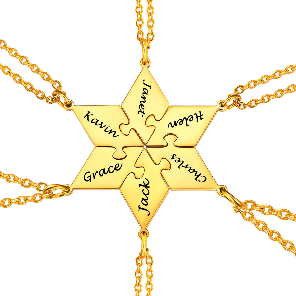 Gold 6PCS puzzle necklace with interlocking puzzle pieces engraved with names on a white background
