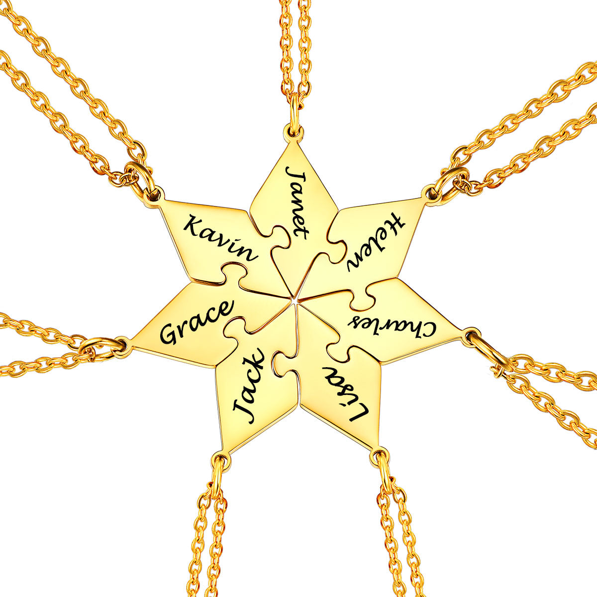 Gold 7PCS puzzle necklace with interlocking puzzle pieces engraved with names on a white background