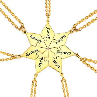 Gold 7PCS puzzle necklace with interlocking puzzle pieces engraved with names on a white background