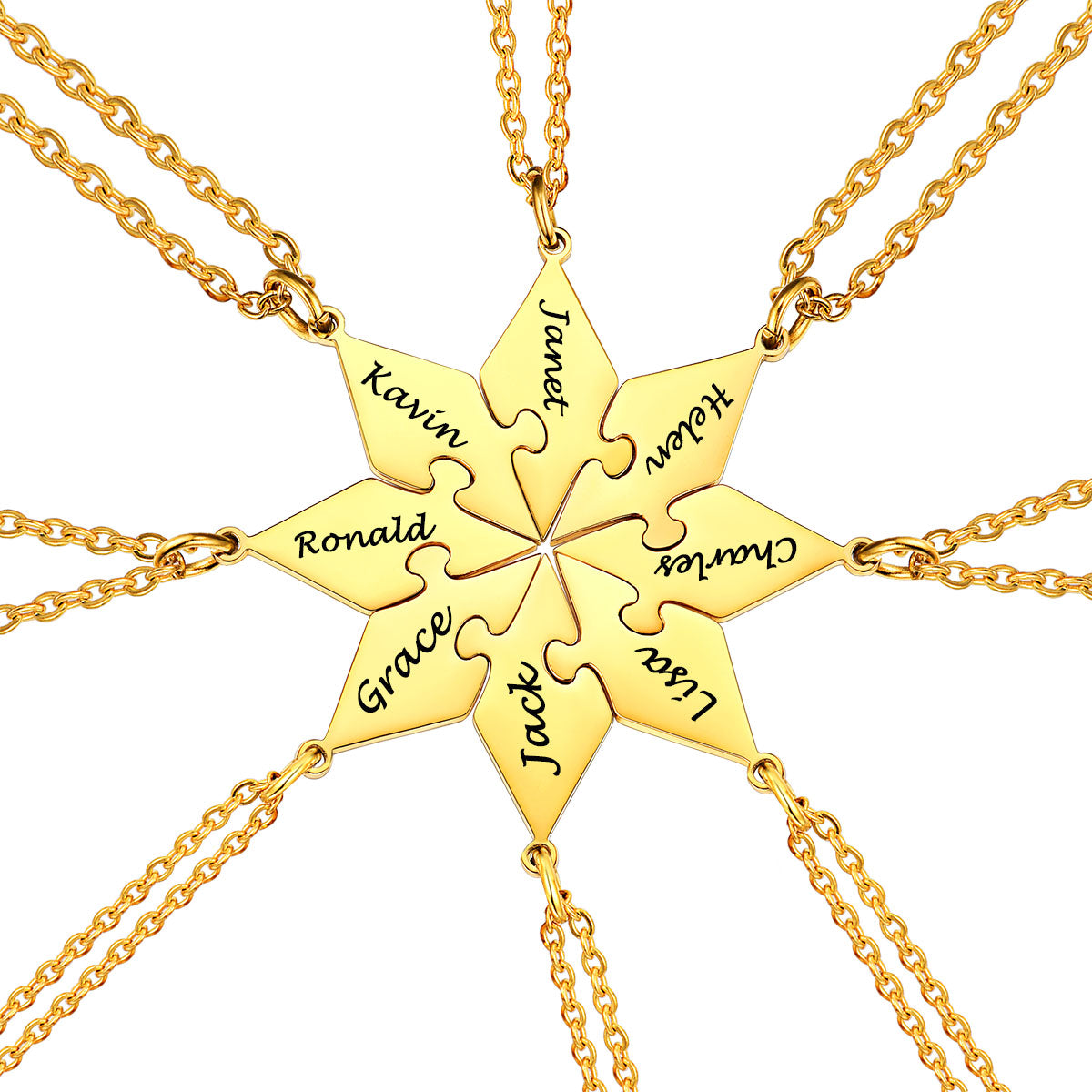 Gold 8PCS silver puzzle necklace with interlocking puzzle pieces engraved with names on a white background