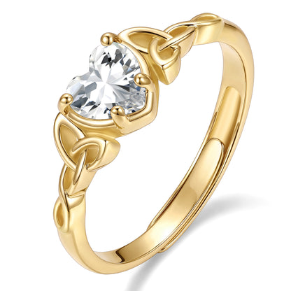 Gold Adjustable Celtic Knot April Birthstone Heart Ring on a white background