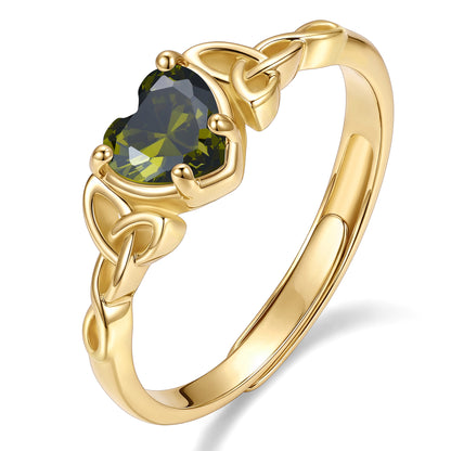 Gold Adjustable Celtic Knot August Birthstone Heart Ring on a white background
