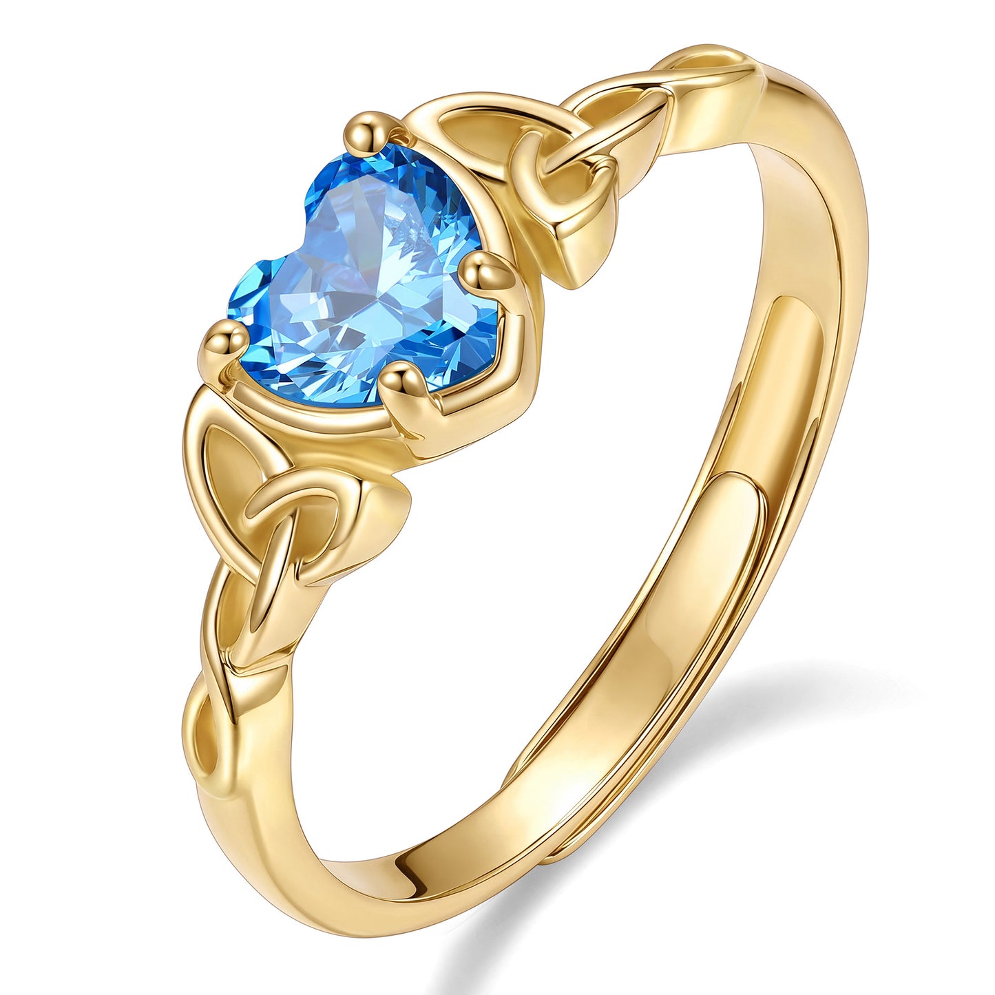 Gold Adjustable Celtic Knot December Birthstone Heart Ring on a white background