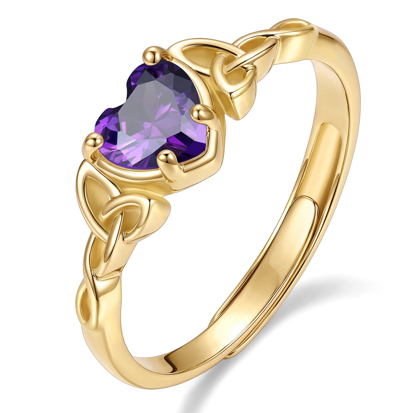 Gold Adjustable Celtic Knot February  Birthstone Heart Ring on a white background