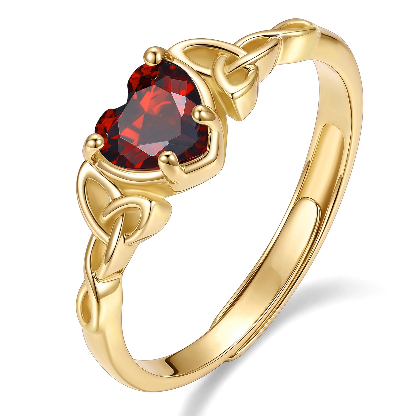 Gold Adjustable Celtic Knot January Birthstone Heart Ring on a white background