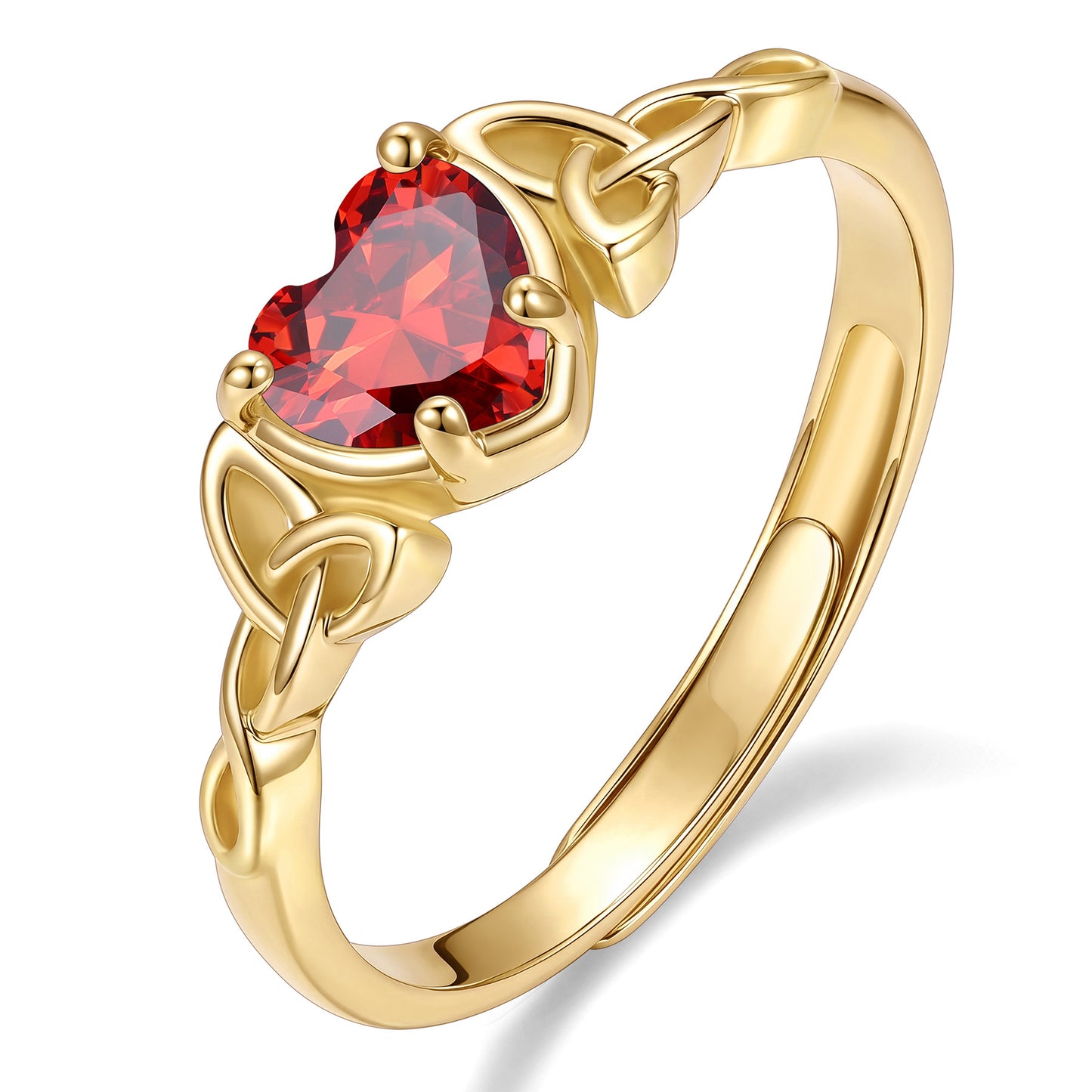 Gold Adjustable Celtic Knot July Birthstone Heart Ring on a white background