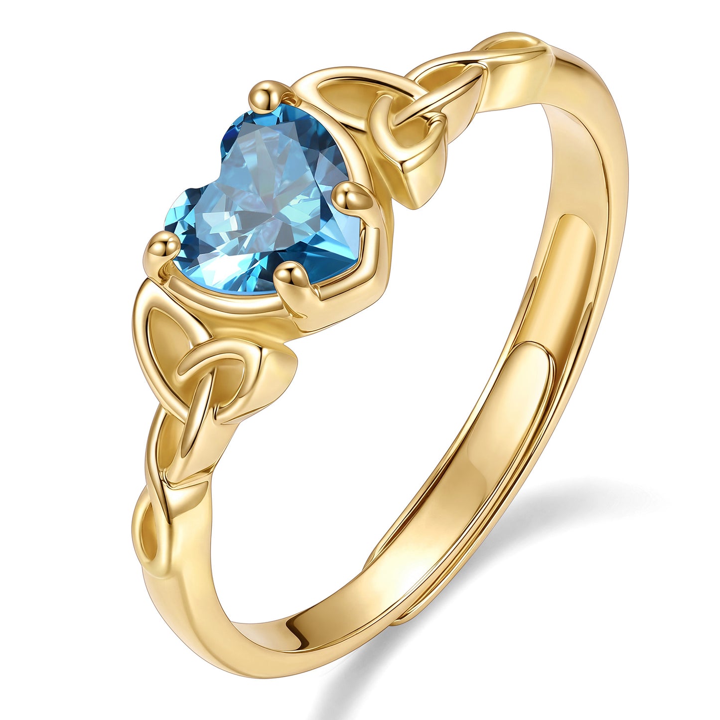 Gold Adjustable Celtic Knot March  Birthstone Heart Ring on a white background