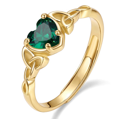 Gold Adjustable Celtic Knot May Birthstone Heart Ring on a white background