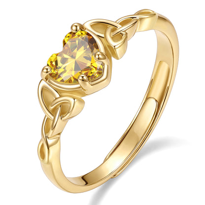 Gold Adjustable Celtic Knot November Birthstone Heart Ring on a white background