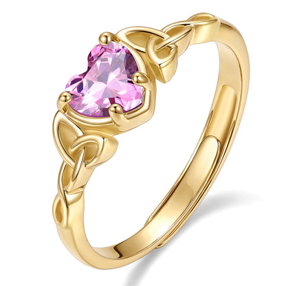 Gold Adjustable Celtic Knot October Birthstone Heart Ring on a white background